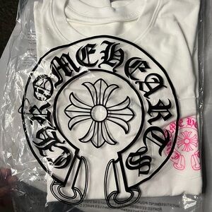 Chrome Hearts White Tee with Pink Cross Pocket Logo